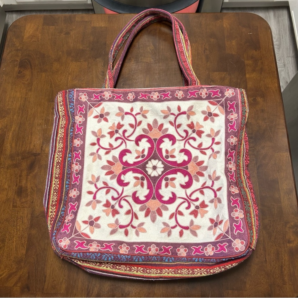 Mexican Oaxaca Floral Embroidered Large Tote Bag in Pink White